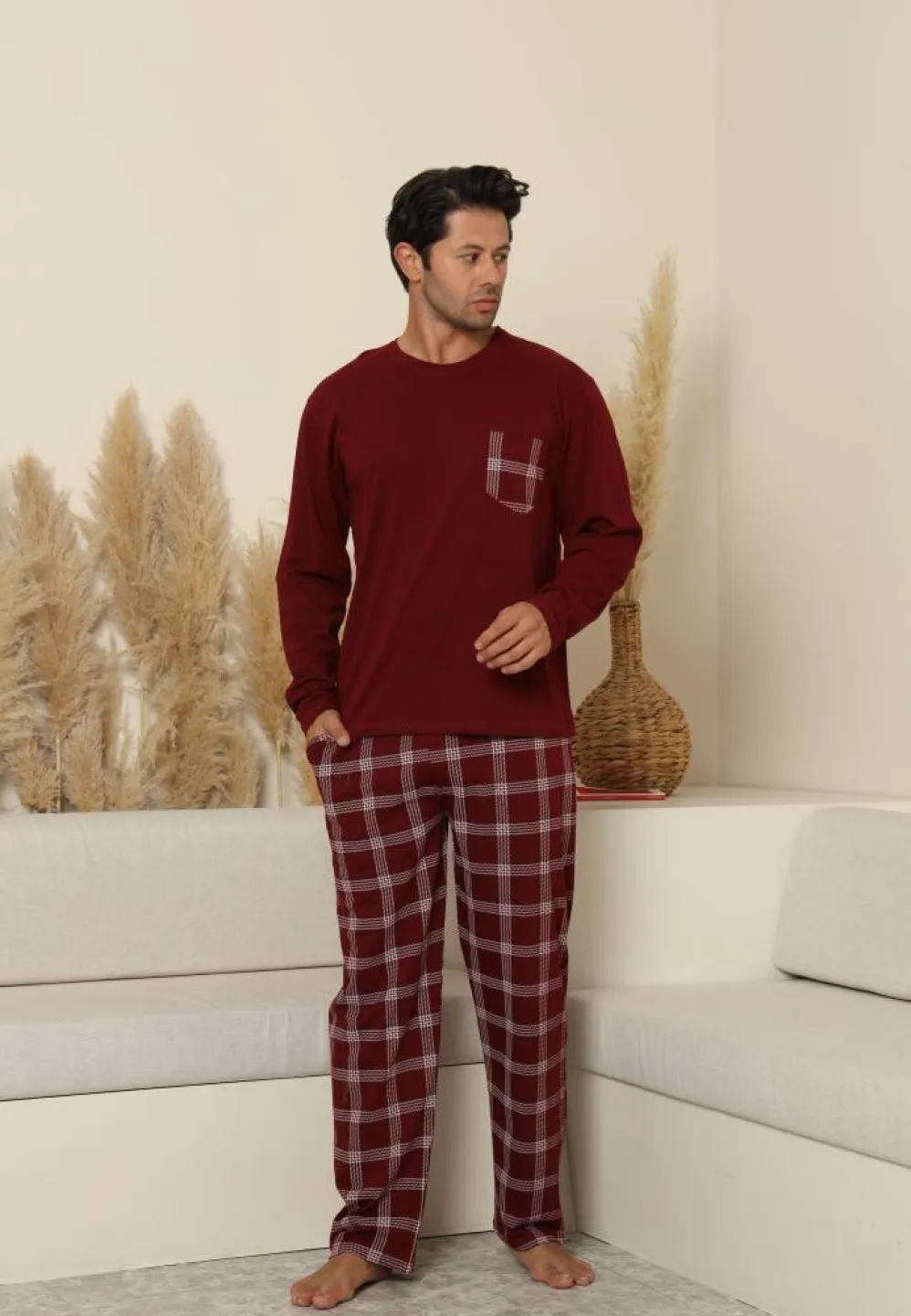 Pijama bărbați cu mânecă lungă și pantaloni lungi cu carou, cu buzunare, Bordo - 3