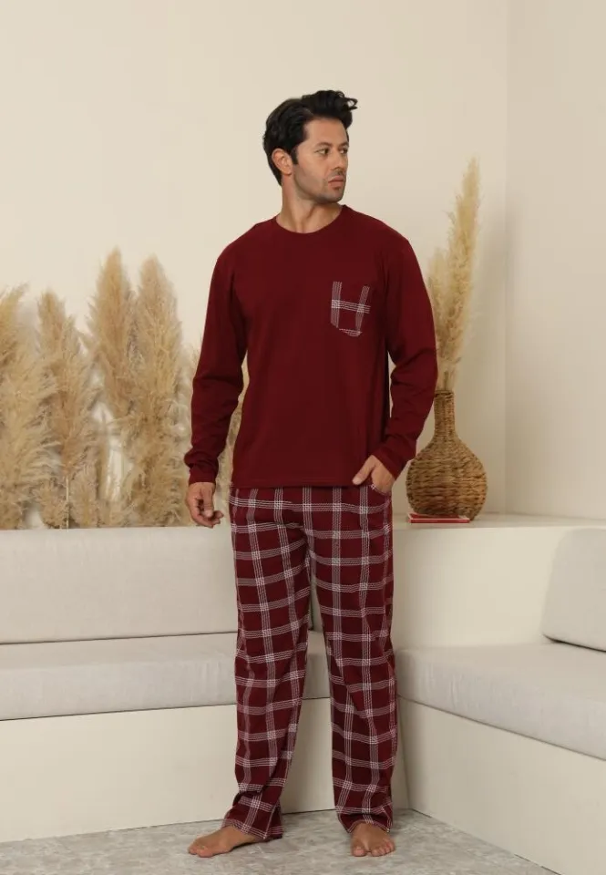 Pijama bărbați cu mânecă lungă și pantaloni lungi cu carou, cu buzunare, Bordo