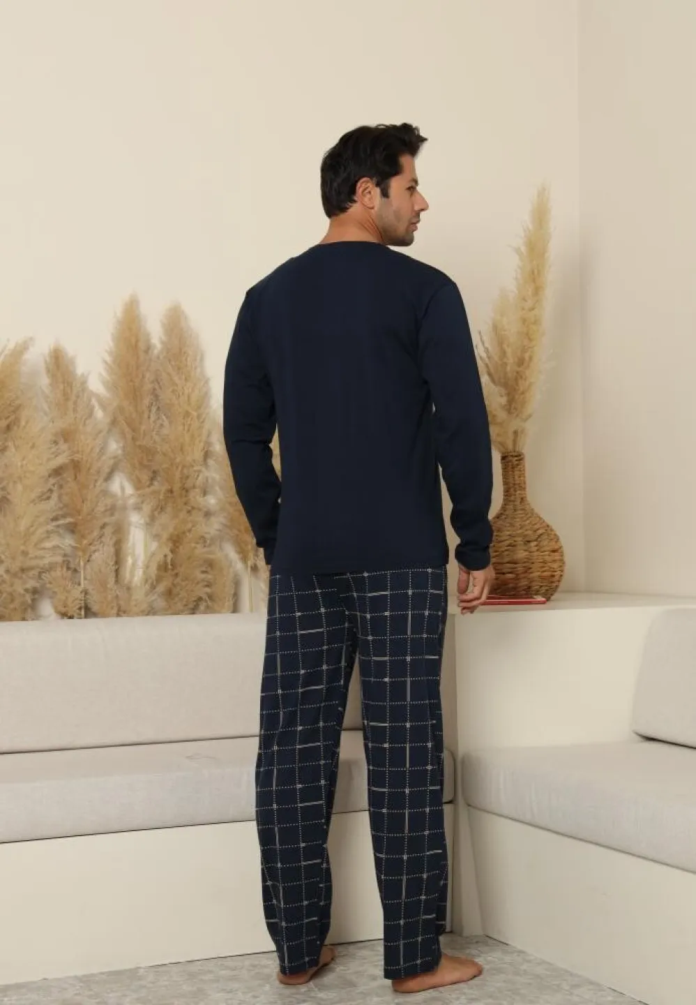 Pijama bărbați cu mânecă lungă și pantaloni lungi carou, cu buzunare, Bleumarin - 2