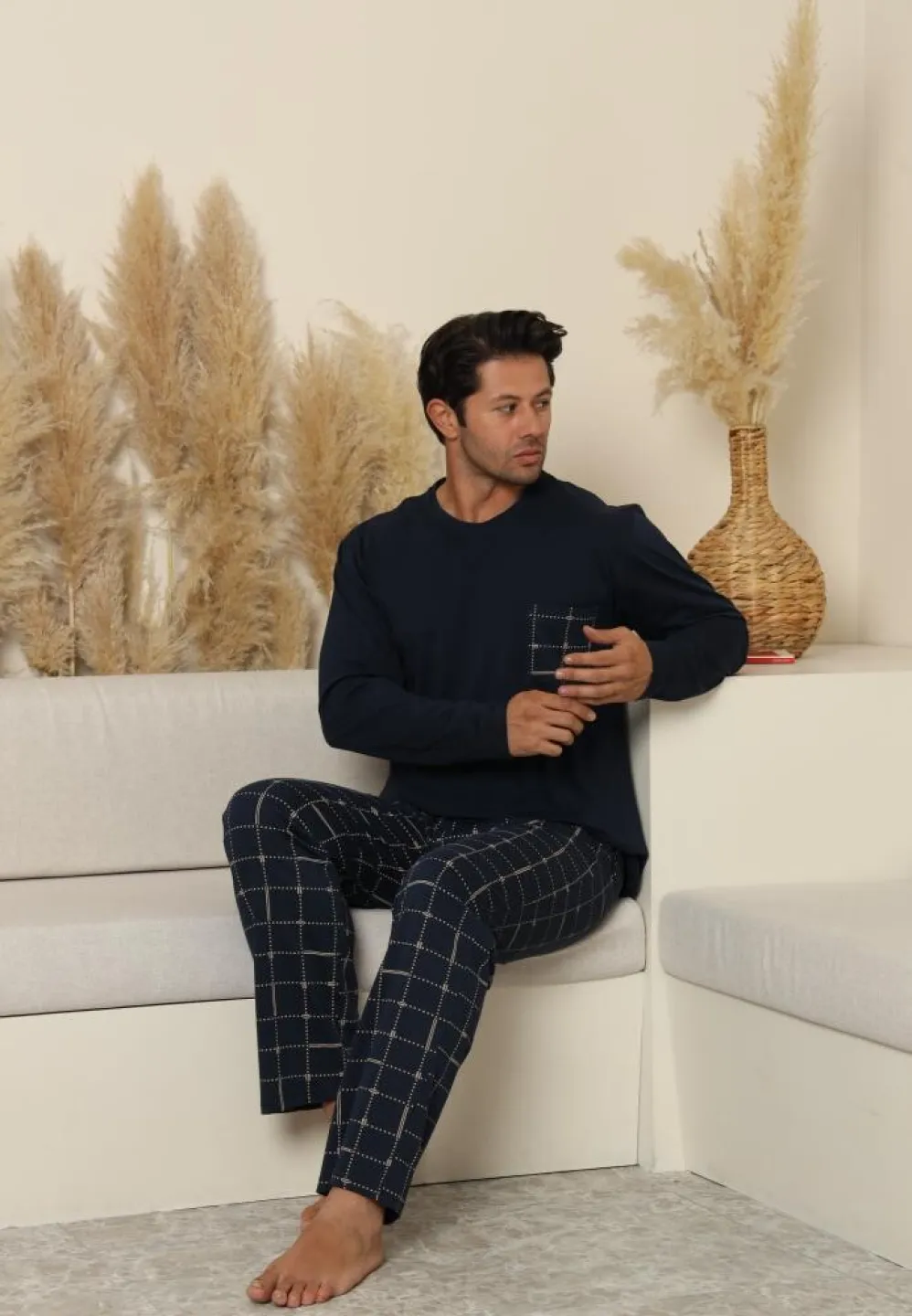 Pijama bărbați cu mânecă lungă și pantaloni lungi carou, cu buzunare, Bleumarin - 3