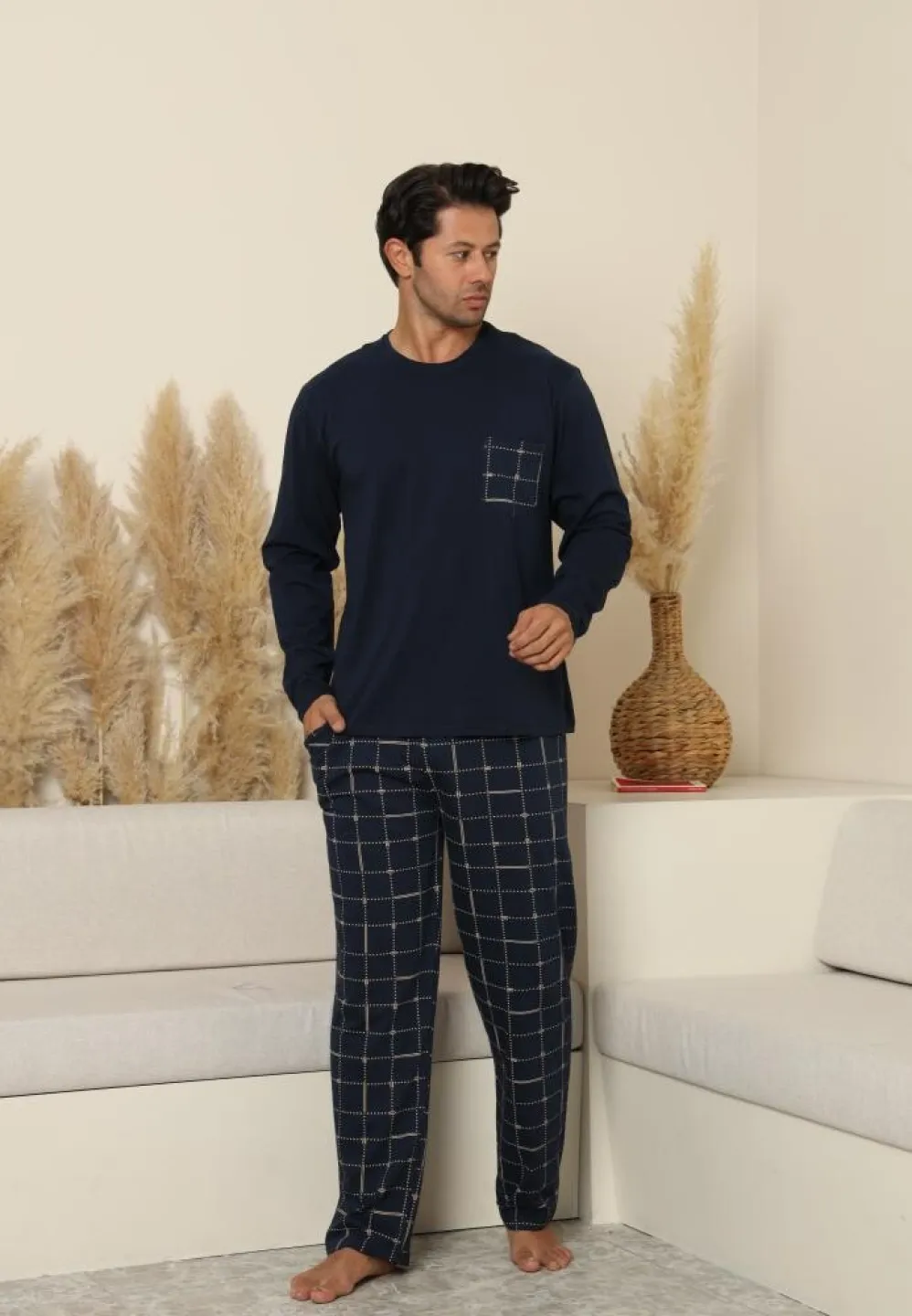 Pijama bărbați cu mânecă lungă și pantaloni lungi carou, cu buzunare, Bleumarin - 4