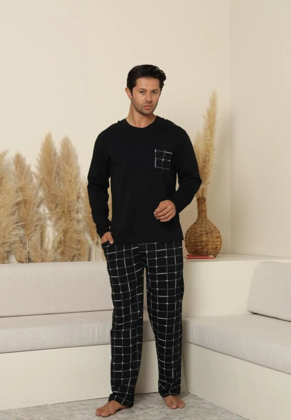 Pijama bărbați cu mânecă lungă și pantaloni lungi, cu buzunare, carou, Negru - 1