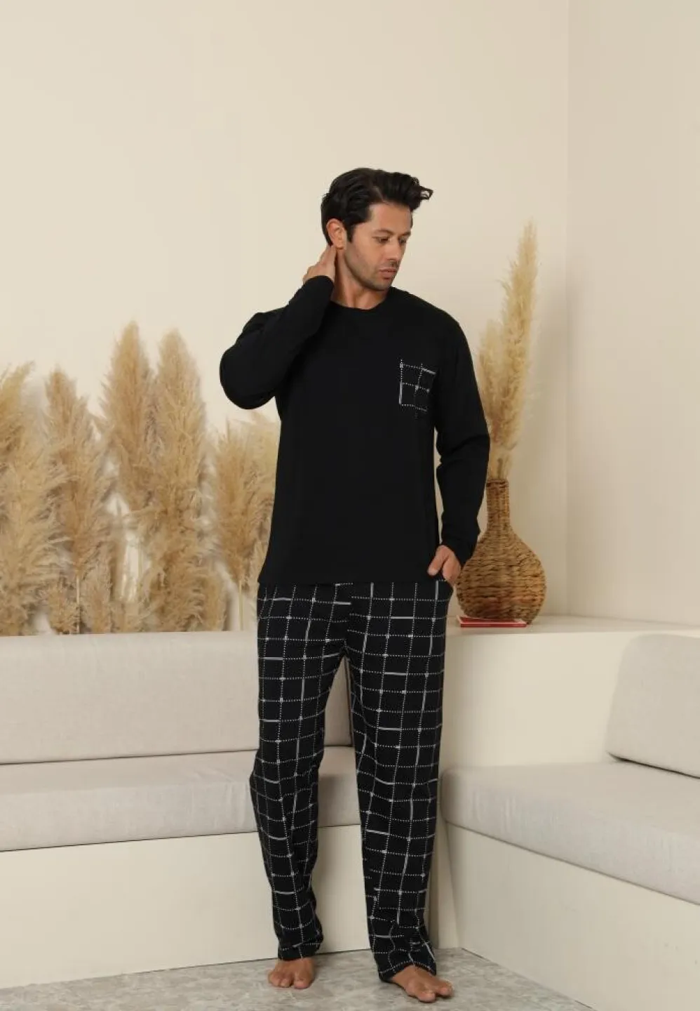 Pijama bărbați cu mânecă lungă și pantaloni lungi, cu buzunare, carou, Negru - 4