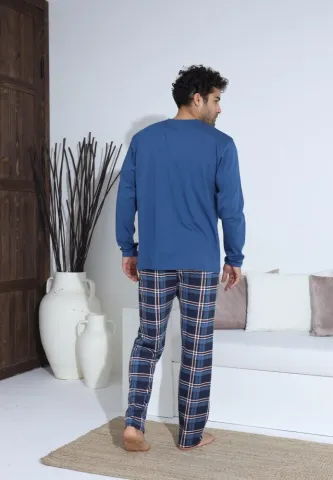 Pijama bărbați cu nasturi, mânecă lungă, pantaloni lungi cu carou, Albastru hover