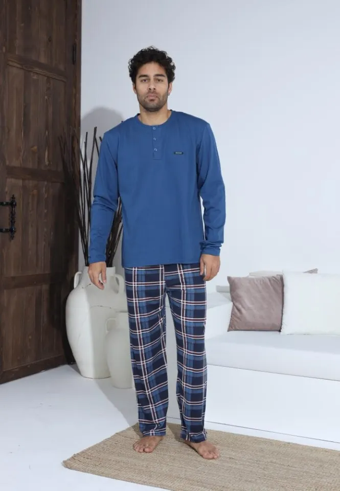 Pijama bărbați cu nasturi, mânecă lungă, pantaloni lungi cu carou, Albastru
