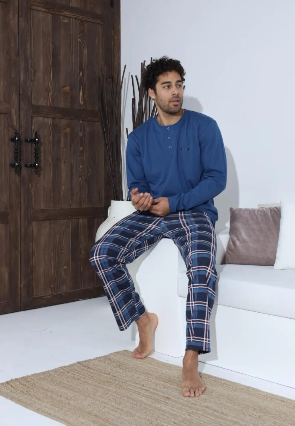 Pijama bărbați cu nasturi, mânecă lungă, pantaloni lungi cu carou, Albastru - 3