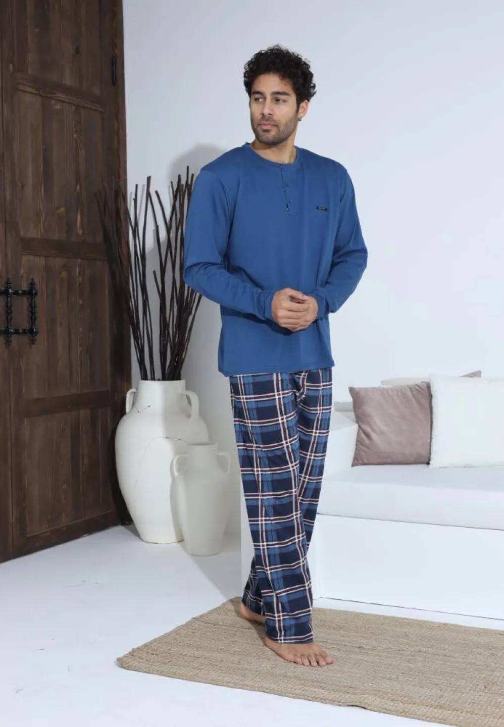 Pijama bărbați cu nasturi, mânecă lungă, pantaloni lungi cu carou, Albastru - 4