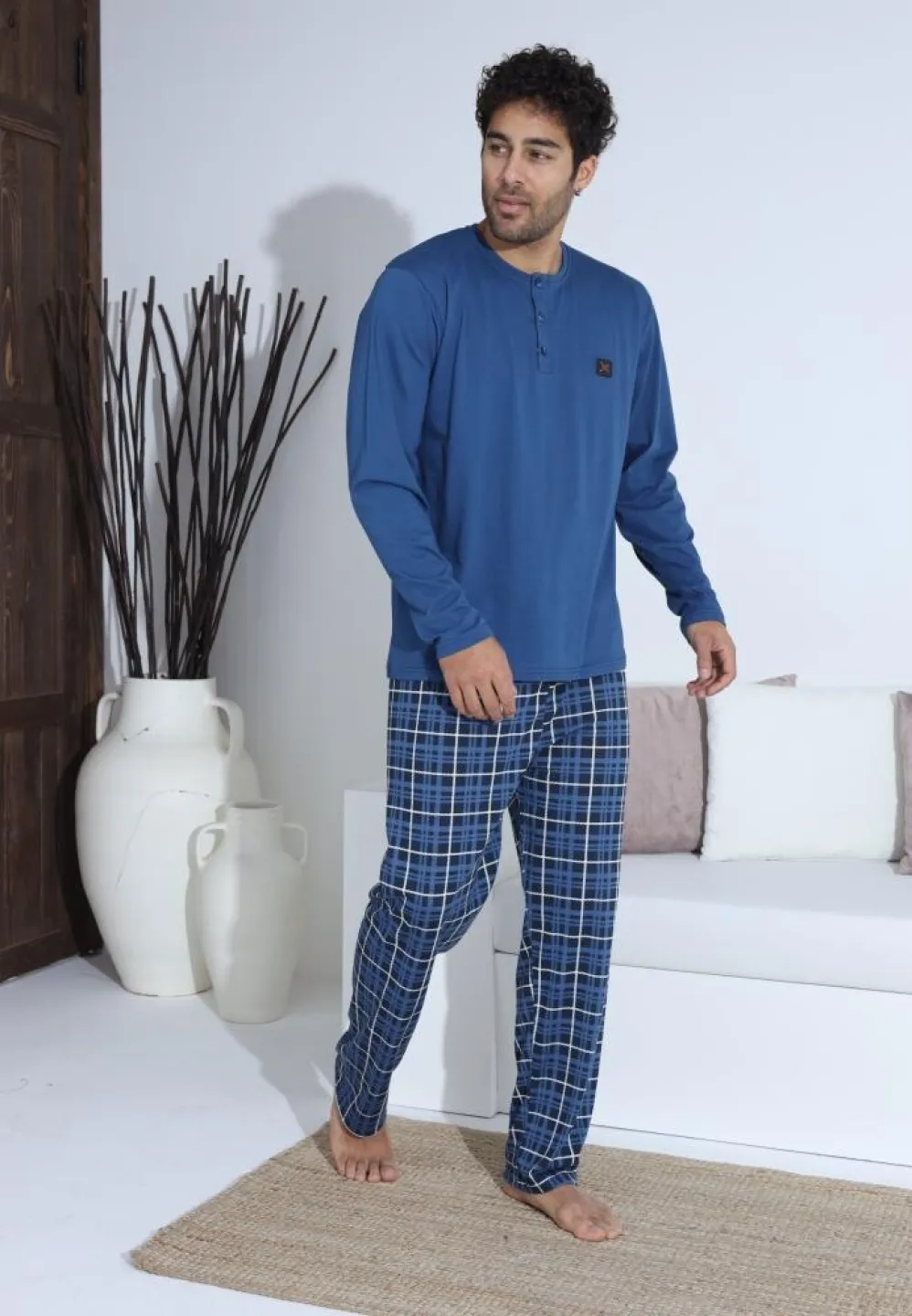 Pijama bărbați cu nasturi, mânecă lungă, pantaloni lungi cu carou, Albastru cu Alb - 3