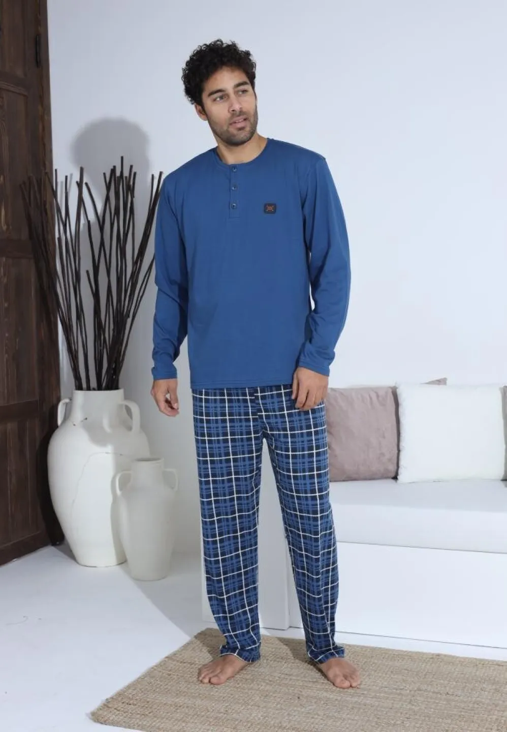 Pijama bărbați cu nasturi, mânecă lungă, pantaloni lungi cu carou, Albastru cu Alb - 1