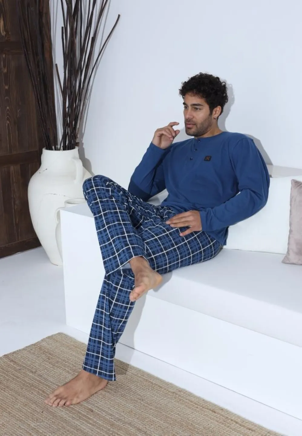 Pijama bărbați cu nasturi, mânecă lungă, pantaloni lungi cu carou, Albastru cu Alb - 5