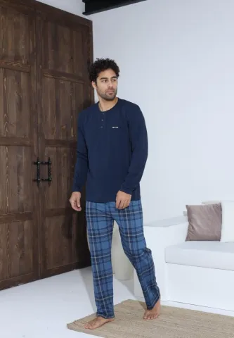 Pijama Barbati ,Maneca si Pantaloni Lungi,carou,Bleumarin