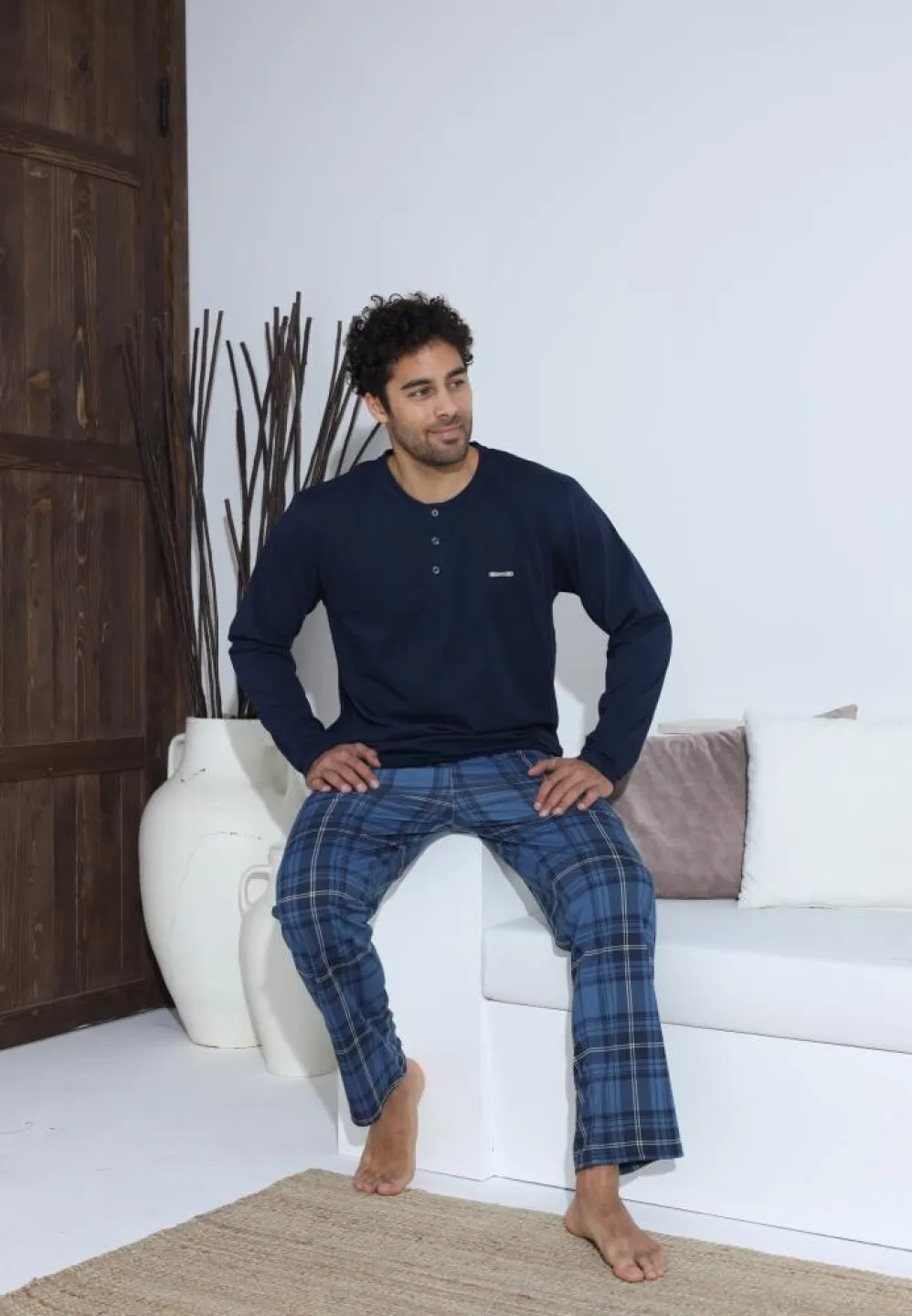 Pijama bărbați cu nasturi, mânecă lungă, pantaloni lungi, Bleumarin - 3