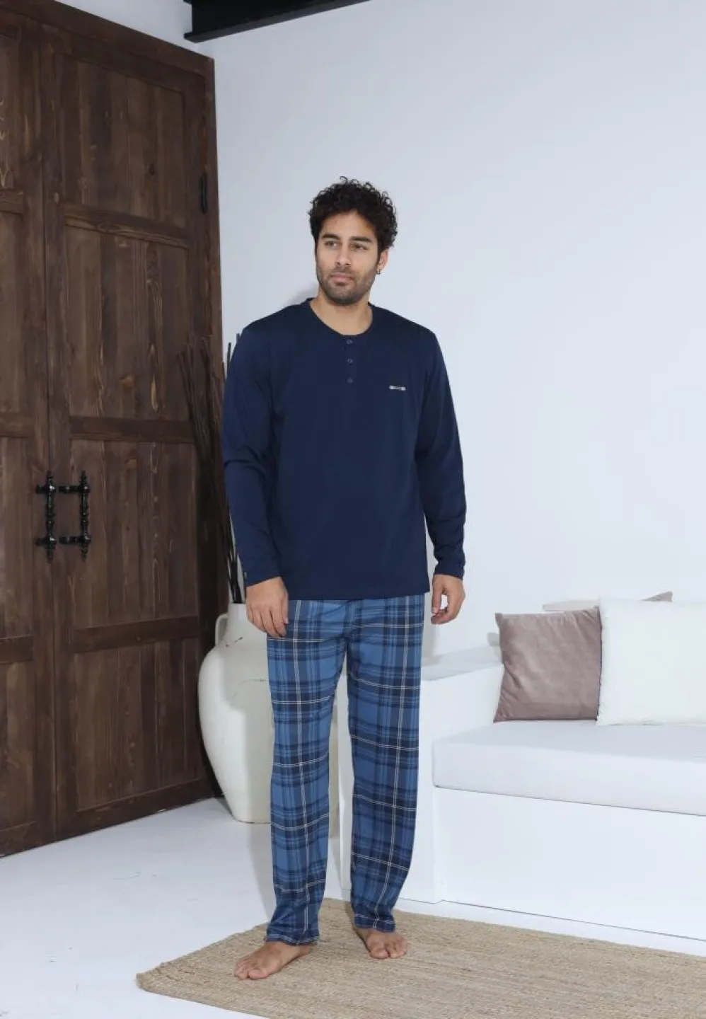 Pijama bărbați cu nasturi, mânecă lungă, pantaloni lungi, Bleumarin - 4