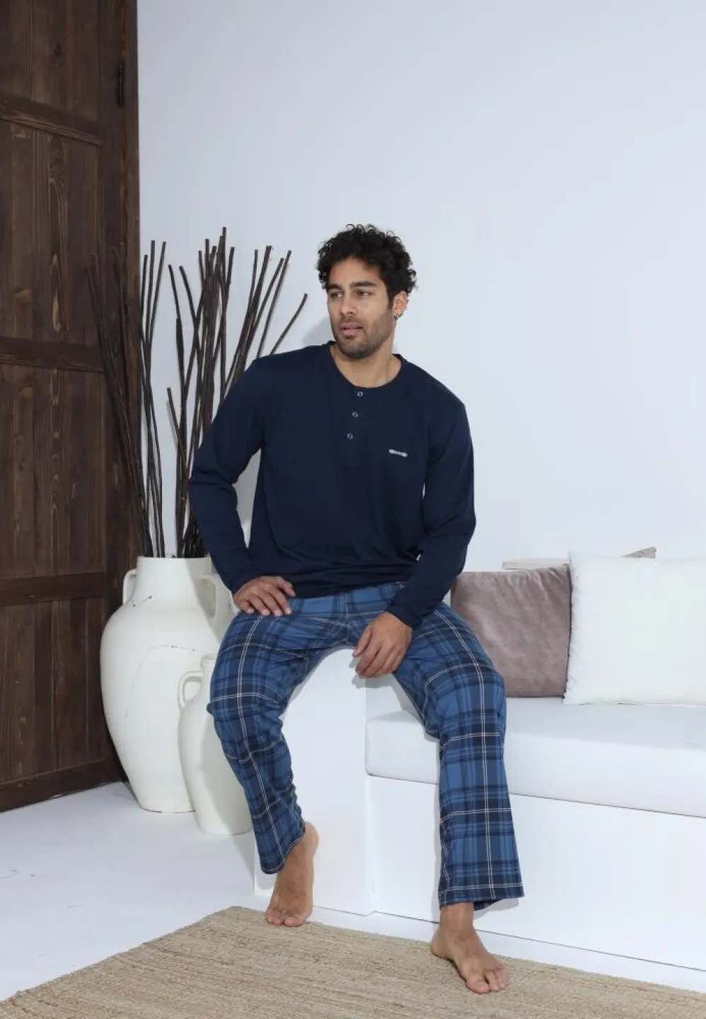 Pijama bărbați cu nasturi, mânecă lungă, pantaloni lungi, Bleumarin - 5