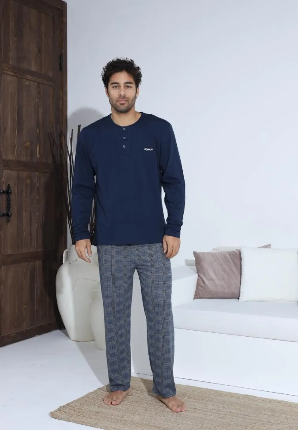 Pijama bărbați cu nasturi, mânecă lungă, pantaloni lungi, Bleumarin - 3