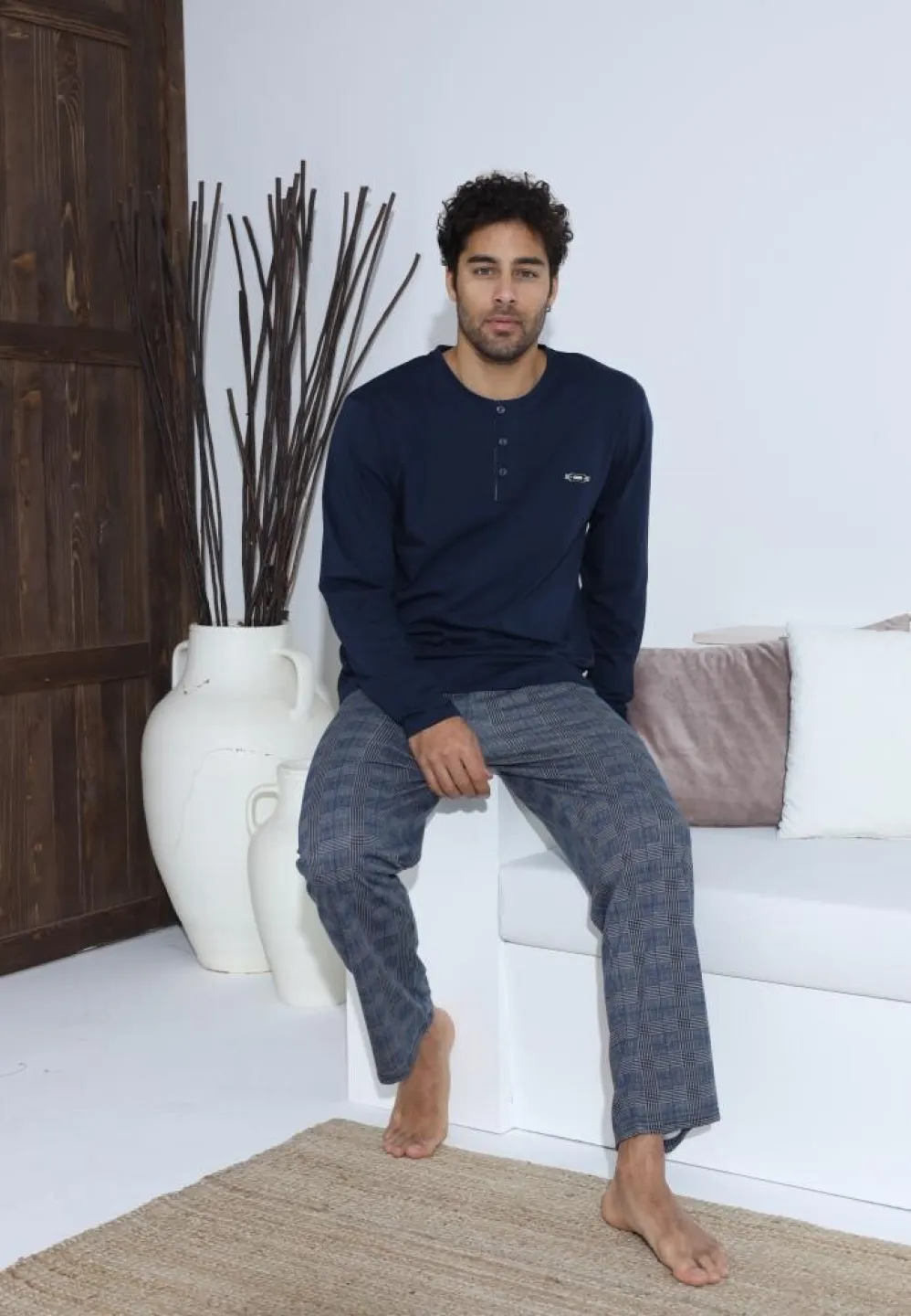 Pijama bărbați cu nasturi, mânecă lungă, pantaloni lungi, Bleumarin - 1