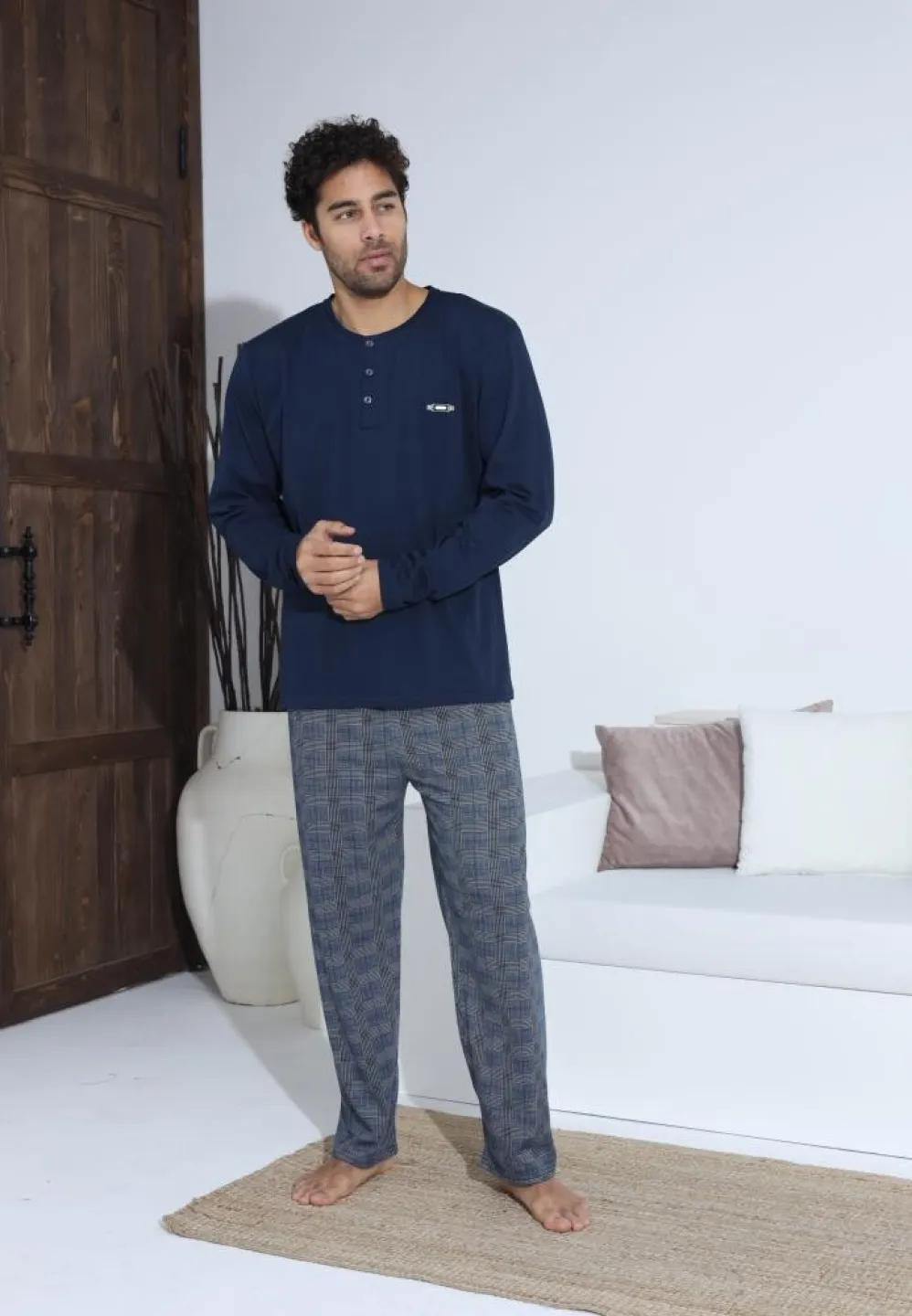 Pijama bărbați cu nasturi, mânecă lungă, pantaloni lungi, Bleumarin - 4