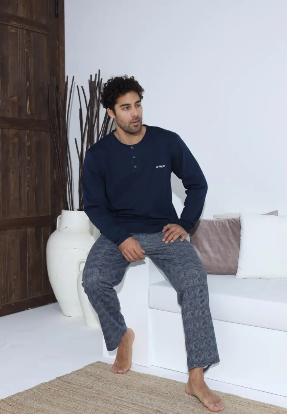 Pijama bărbați cu nasturi, mânecă lungă, pantaloni lungi, Bleumarin - 5