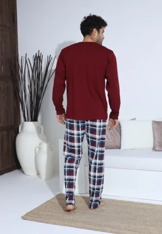 Pijama bărbați cu nasturi, mânecă lungă, pantaloni lungi, Bordo hover