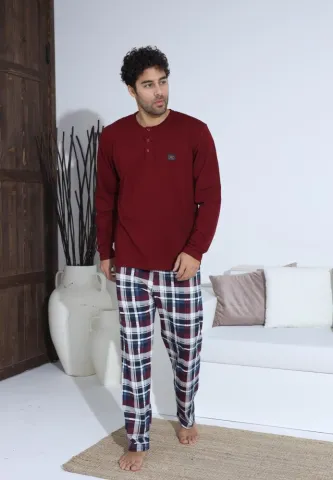Pijama bărbați cu nasturi, mânecă lungă, pantaloni lungi, Bordo