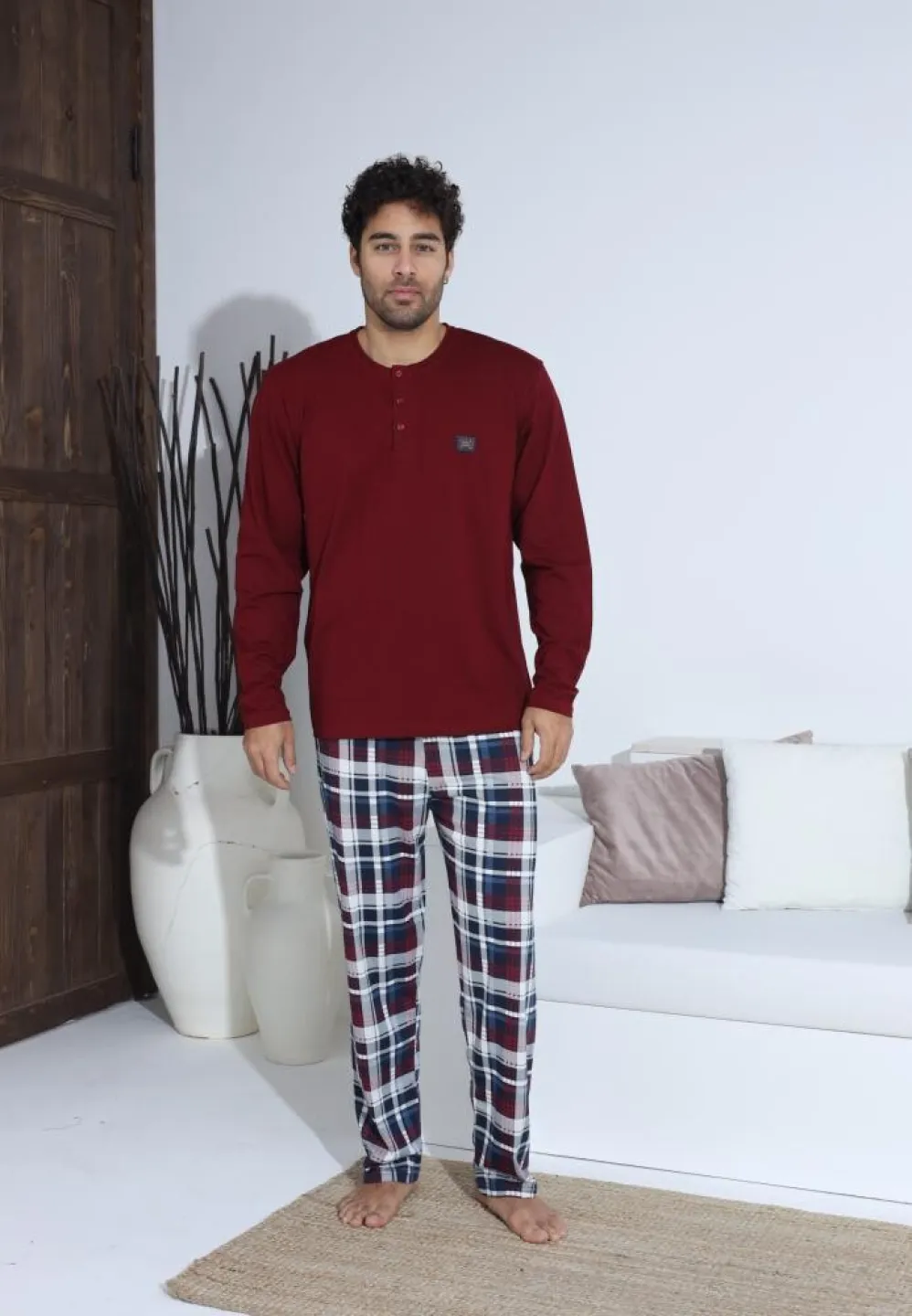 Pijama bărbați cu nasturi, mânecă lungă, pantaloni lungi, Bordo - 3