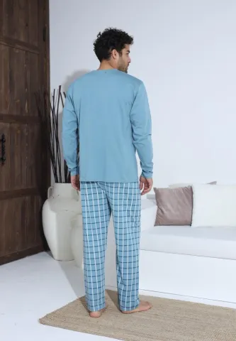 Pijama bărbați cu nasturi, mânecă lungă, pantaloni lungi, Turcoaz hover