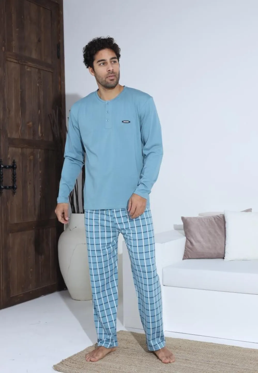 Pijama bărbați cu nasturi, mânecă lungă, pantaloni lungi, Turcoaz - 1