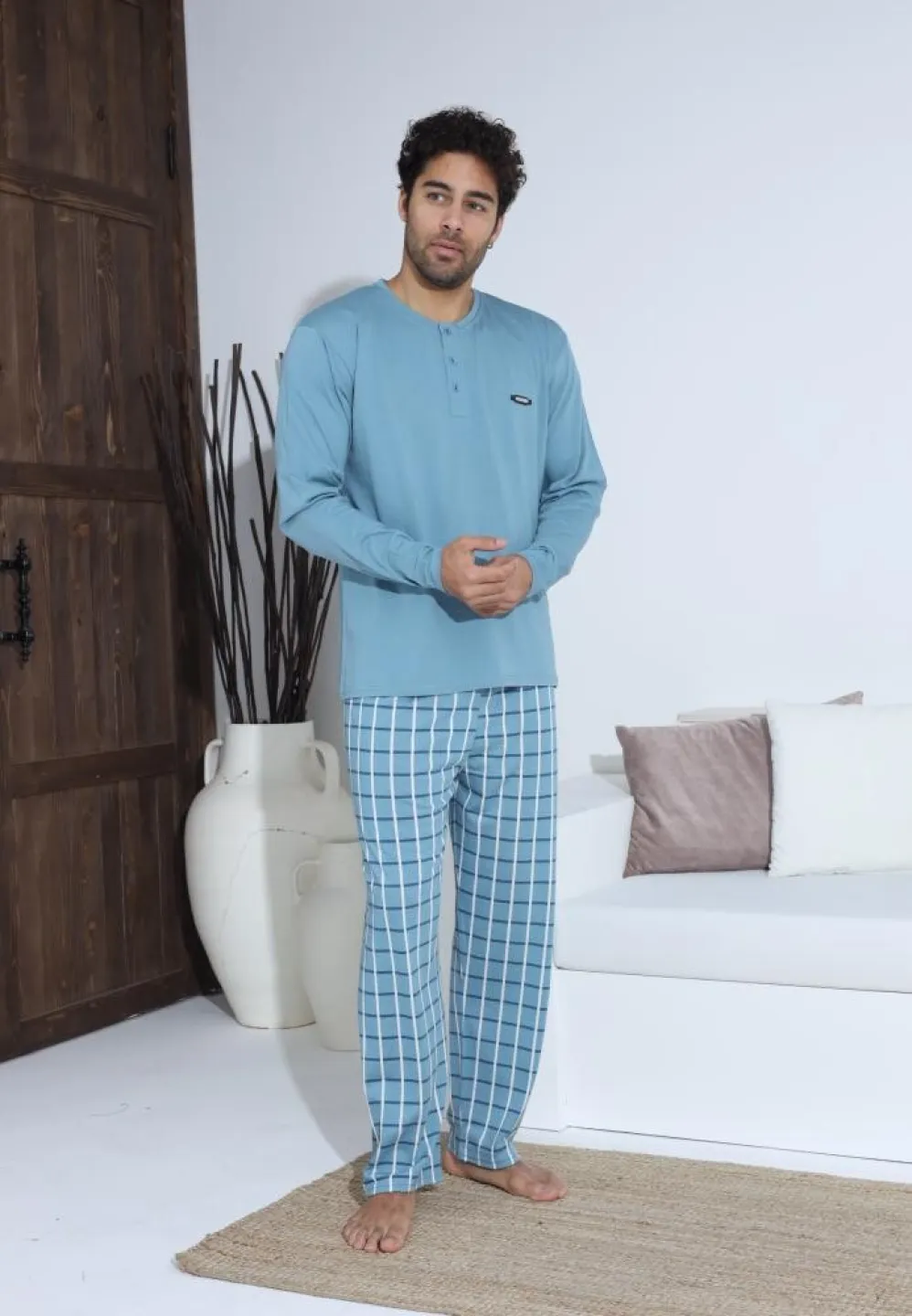 Pijama bărbați cu nasturi, mânecă lungă, pantaloni lungi, Turcoaz - 3