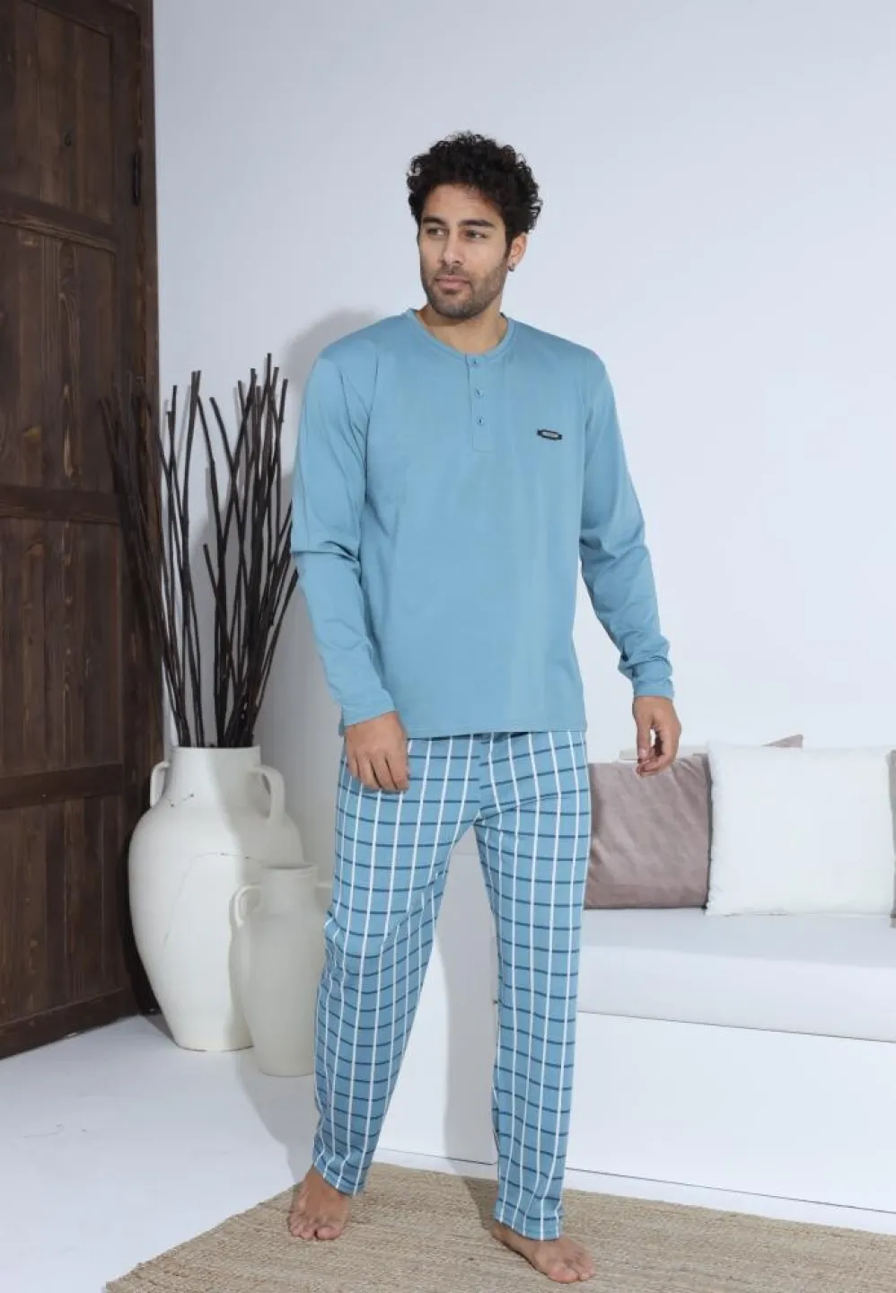 Pijama bărbați cu nasturi, mânecă lungă, pantaloni lungi, Turcoaz - 4