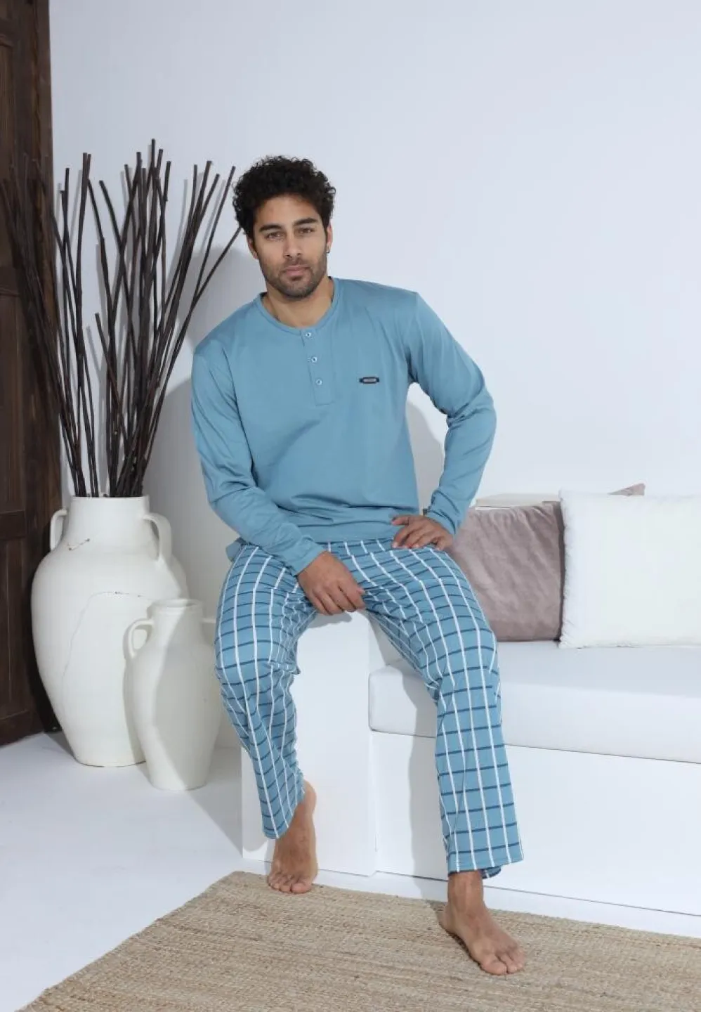 Pijama bărbați cu nasturi, mânecă lungă, pantaloni lungi, Turcoaz - 5