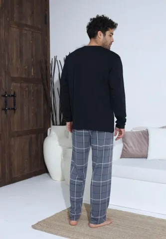 Pijama bărbați cu nasturi, mânecă lungă, pantaloni lungi, Negru hover