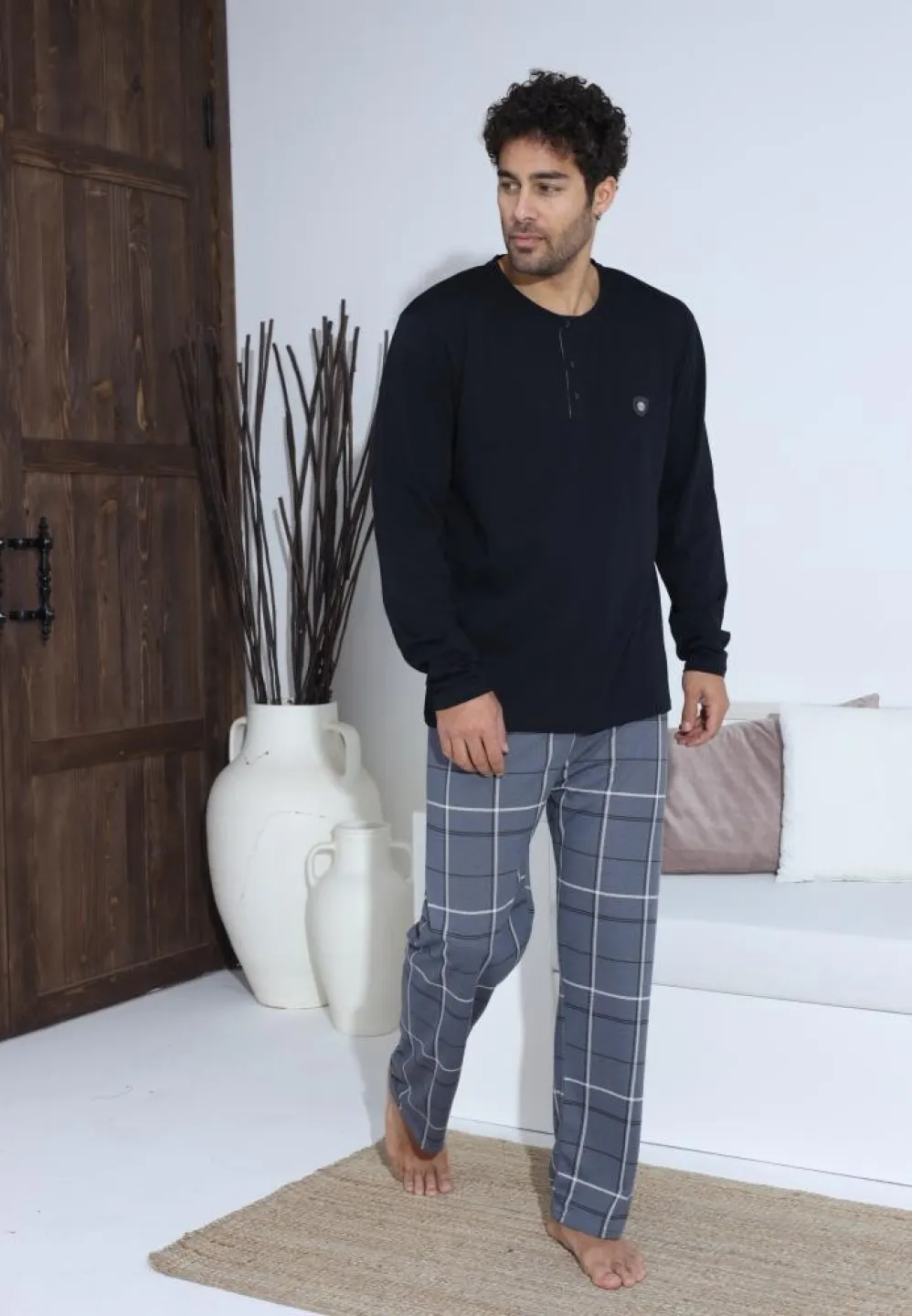 Pijama bărbați cu nasturi, mânecă lungă, pantaloni lungi, Negru - 3