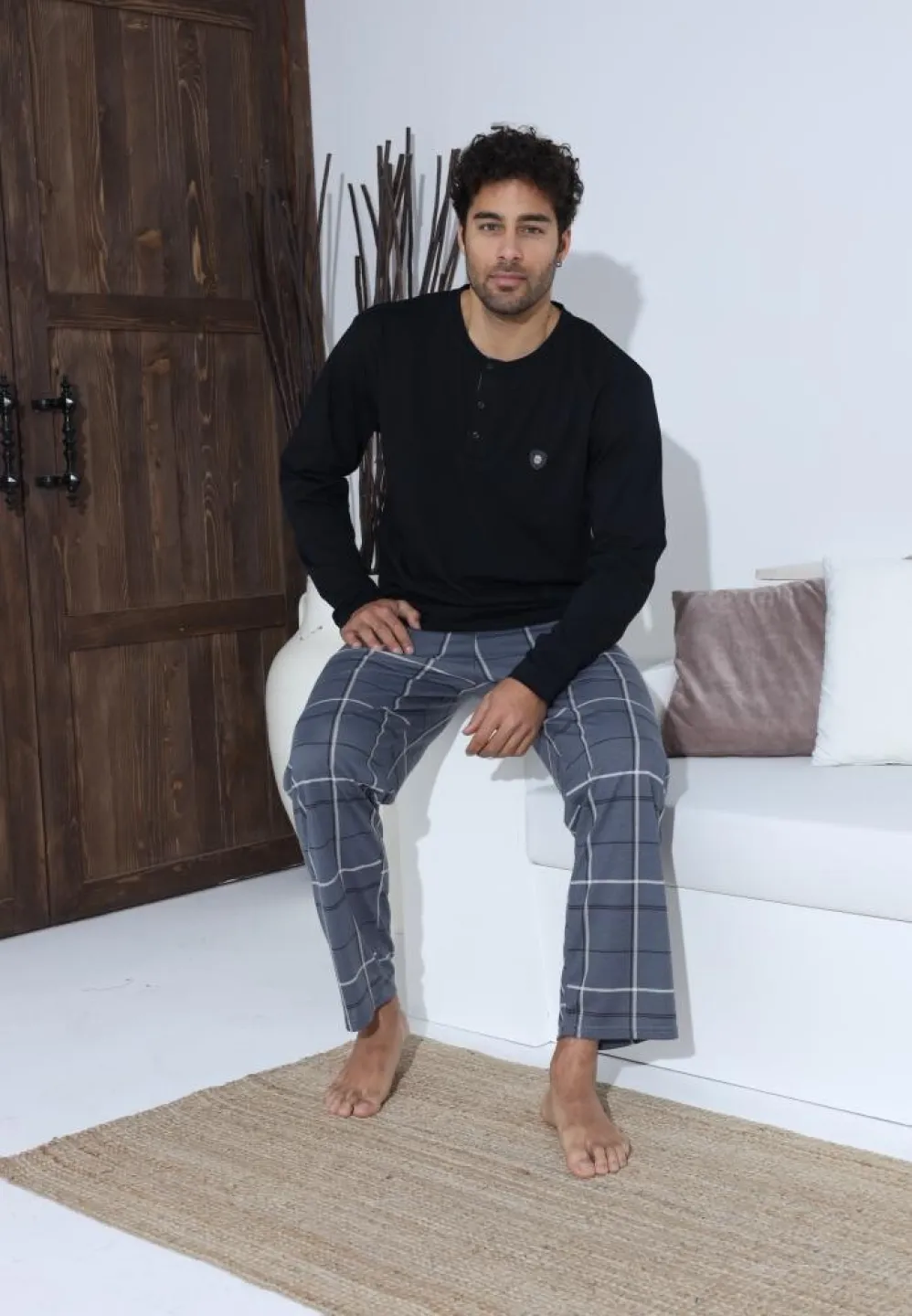 Pijama bărbați cu nasturi, mânecă lungă, pantaloni lungi, Negru - 5