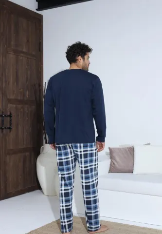 Pijama Barbati ,Maneca si Pantaloni Lungi,Culoare Bleumarin cu Alb hover