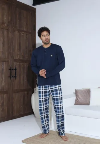 Pijama Barbati ,Maneca si Pantaloni Lungi,Culoare Bleumarin cu Alb