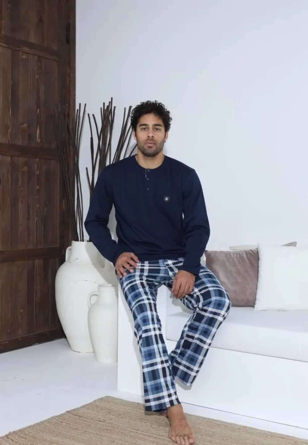 Pijama bărbați cu nasturi, mânecă lungă, pantaloni lungi, Bleumarin - 5