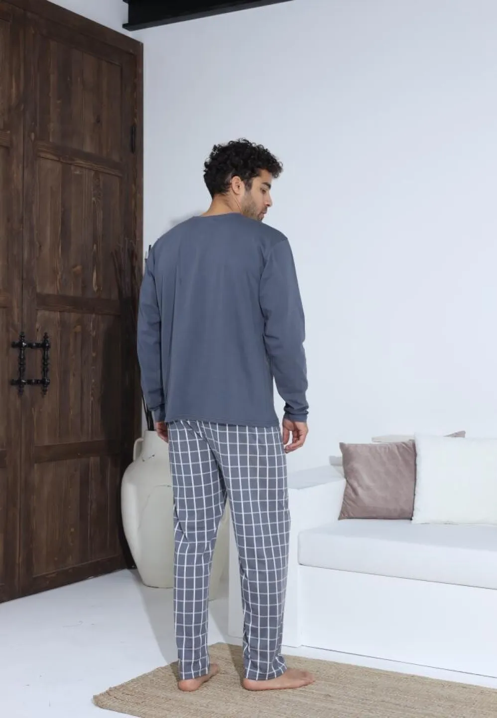 Pijama bărbați cu nasturi, mânecă lungă, pantaloni lungi, Gri - 2