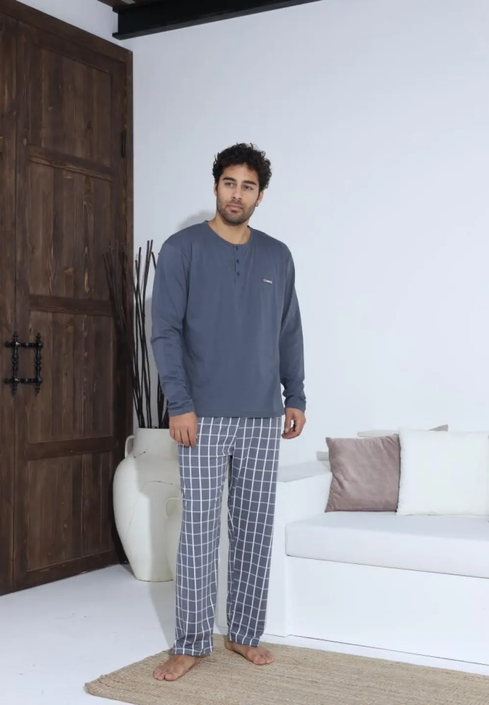 Pijama bărbați cu nasturi, mânecă lungă, pantaloni lungi, Gri - 1