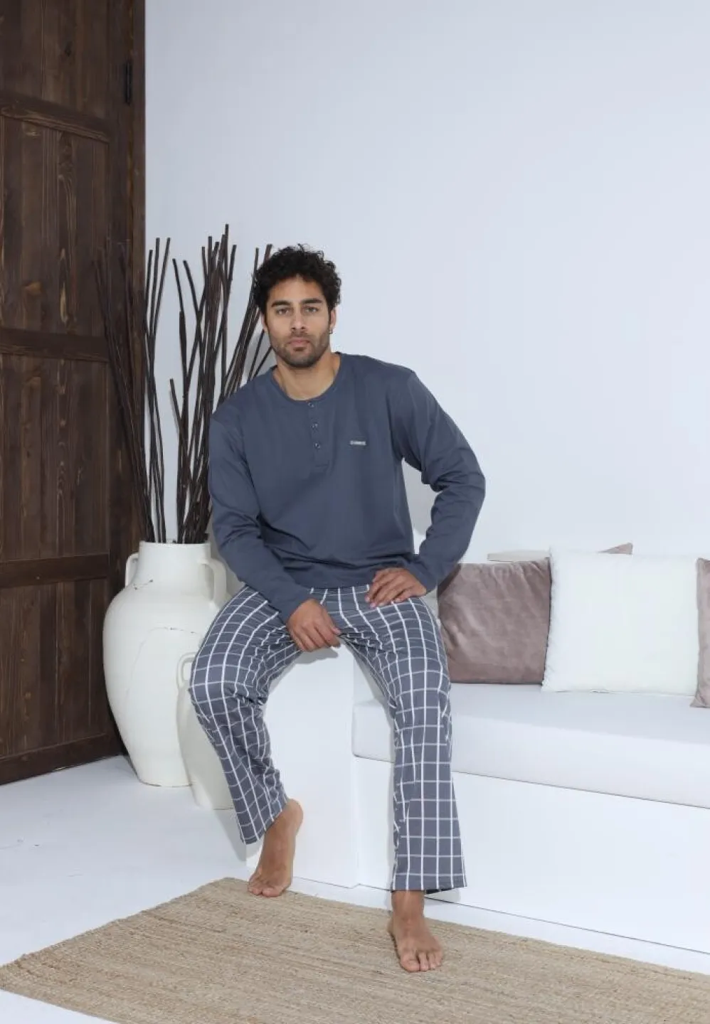 Pijama bărbați cu nasturi, mânecă lungă, pantaloni lungi, Gri - 3