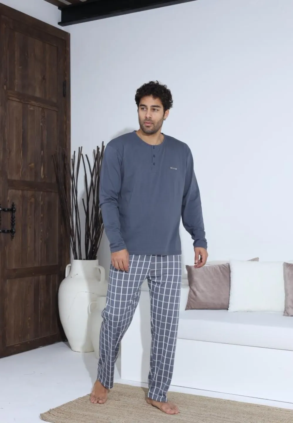 Pijama bărbați cu nasturi, mânecă lungă, pantaloni lungi, Gri - 4