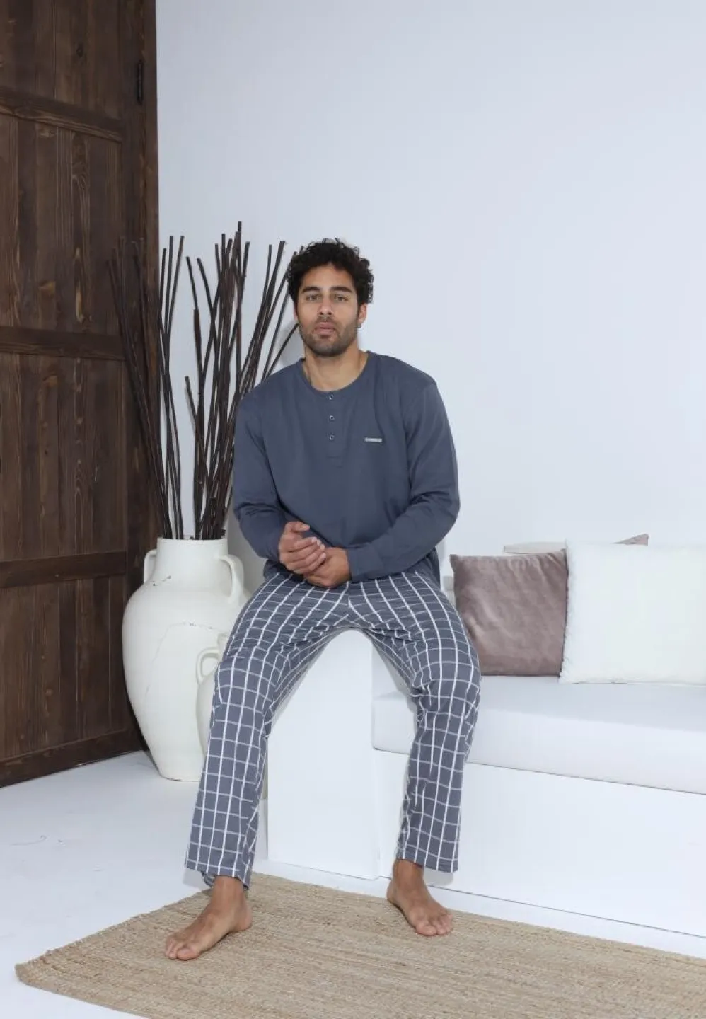 Pijama bărbați cu nasturi, mânecă lungă, pantaloni lungi, Gri - 5