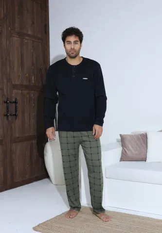 Pijama bărbați cu nasturi, mânecă lungă Verde, pantaloni lungi Negru