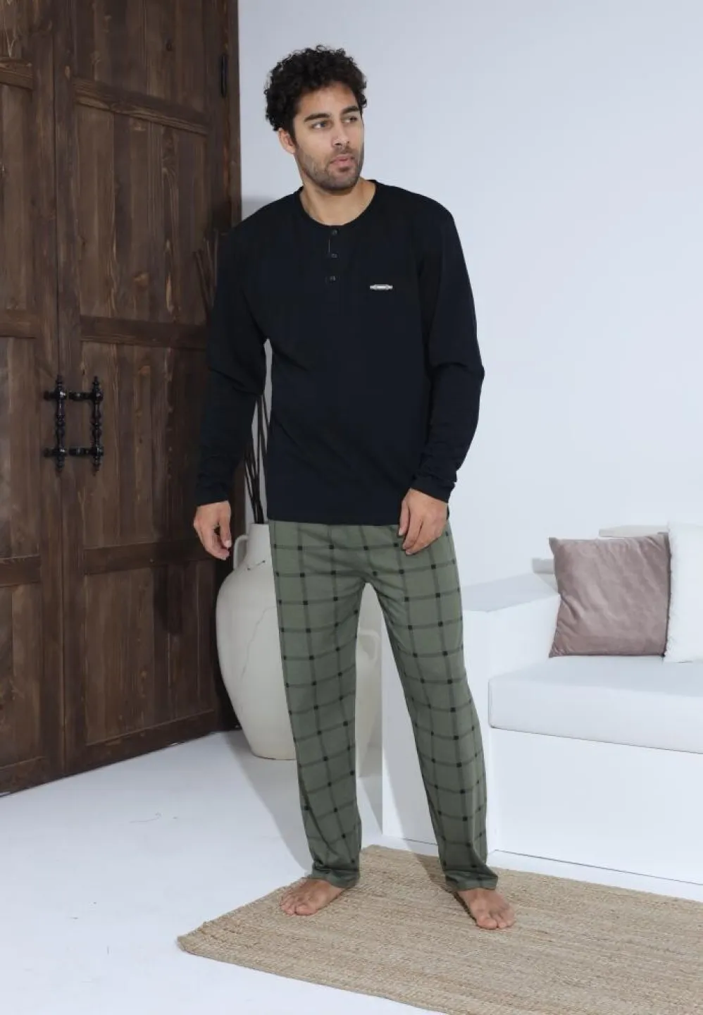 Pijama bărbați cu nasturi, mânecă lungă Verde, pantaloni lungi Negru - 4