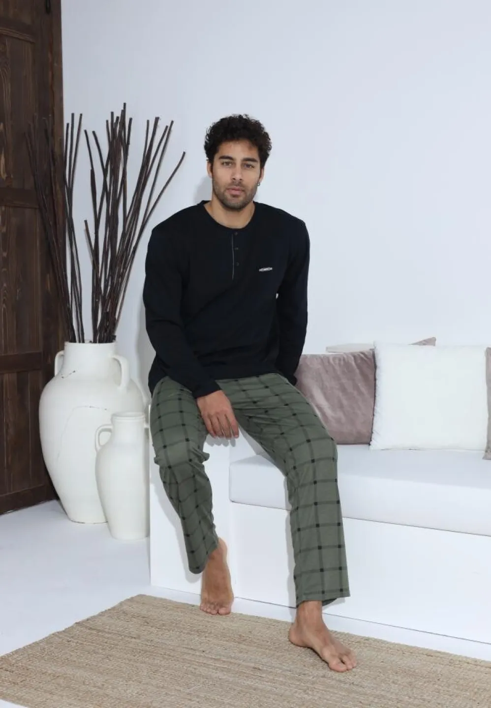 Pijama bărbați cu nasturi, mânecă lungă Verde, pantaloni lungi Negru - 5