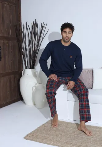 Pijama Barbati ,Maneca si Pantaloni Lungi,Culoare Bleumarin cu Rosu