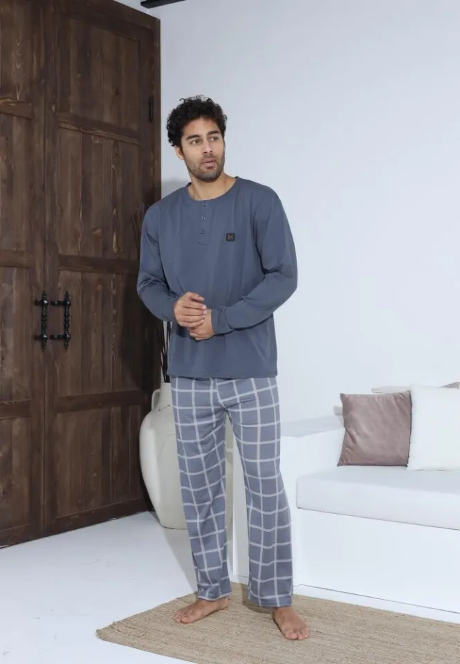 Pijama bărbați cu nasturi, mânecă lungă Gri, pantaloni lungi Gri cu carou