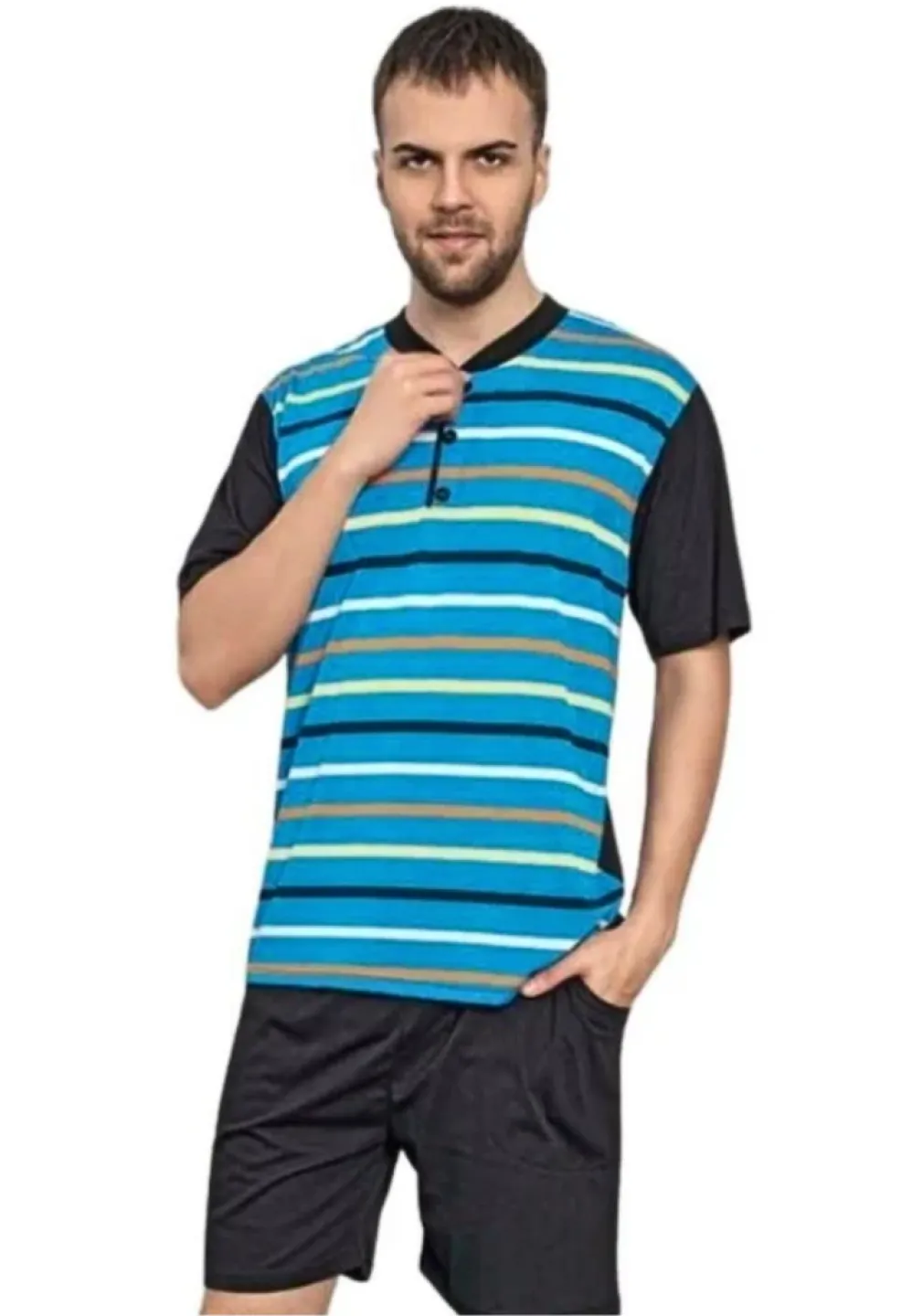 Pijama bărbați, mânecă scurtă și pantaloni scurți, Albastru - 1