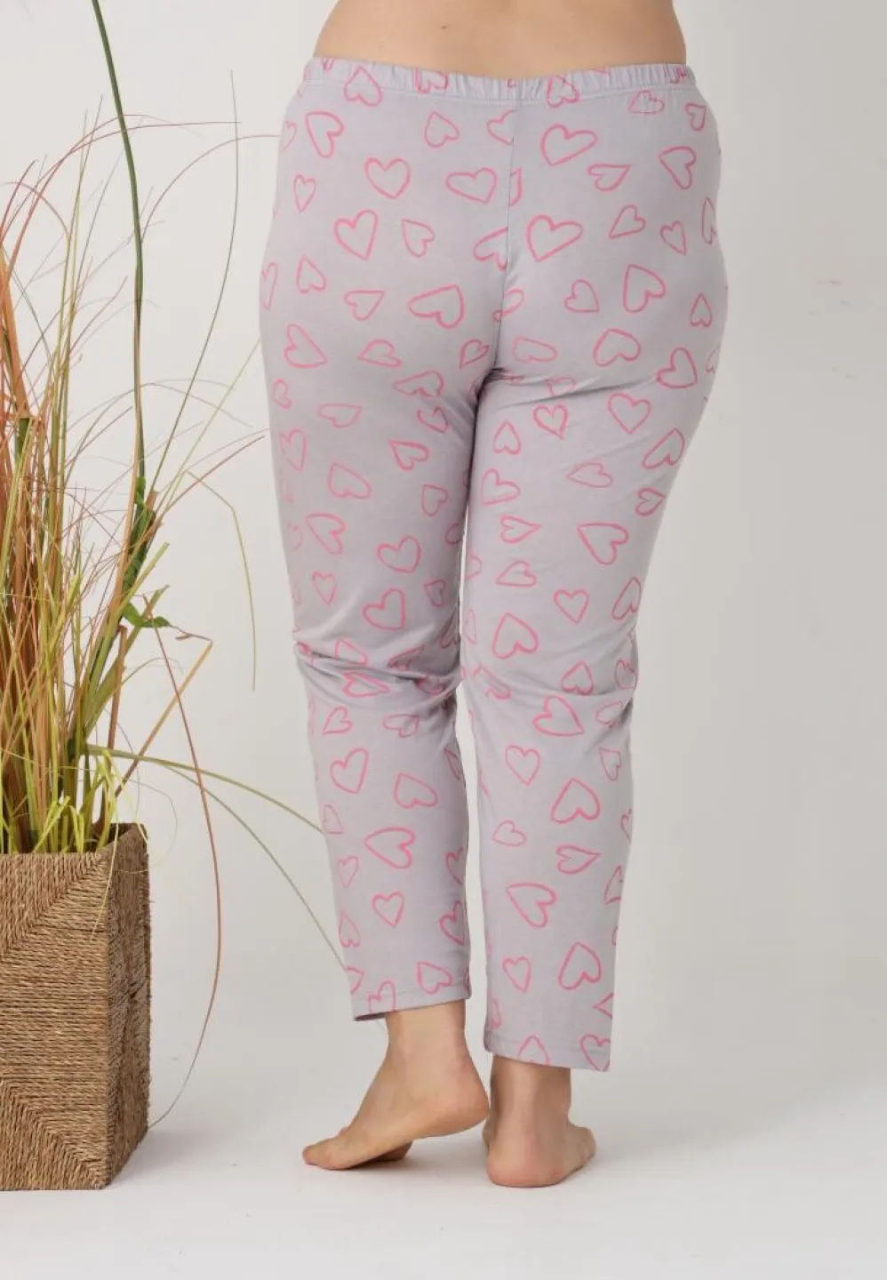 Pantalon damă Big Size, gri cu inimioare roz - 3