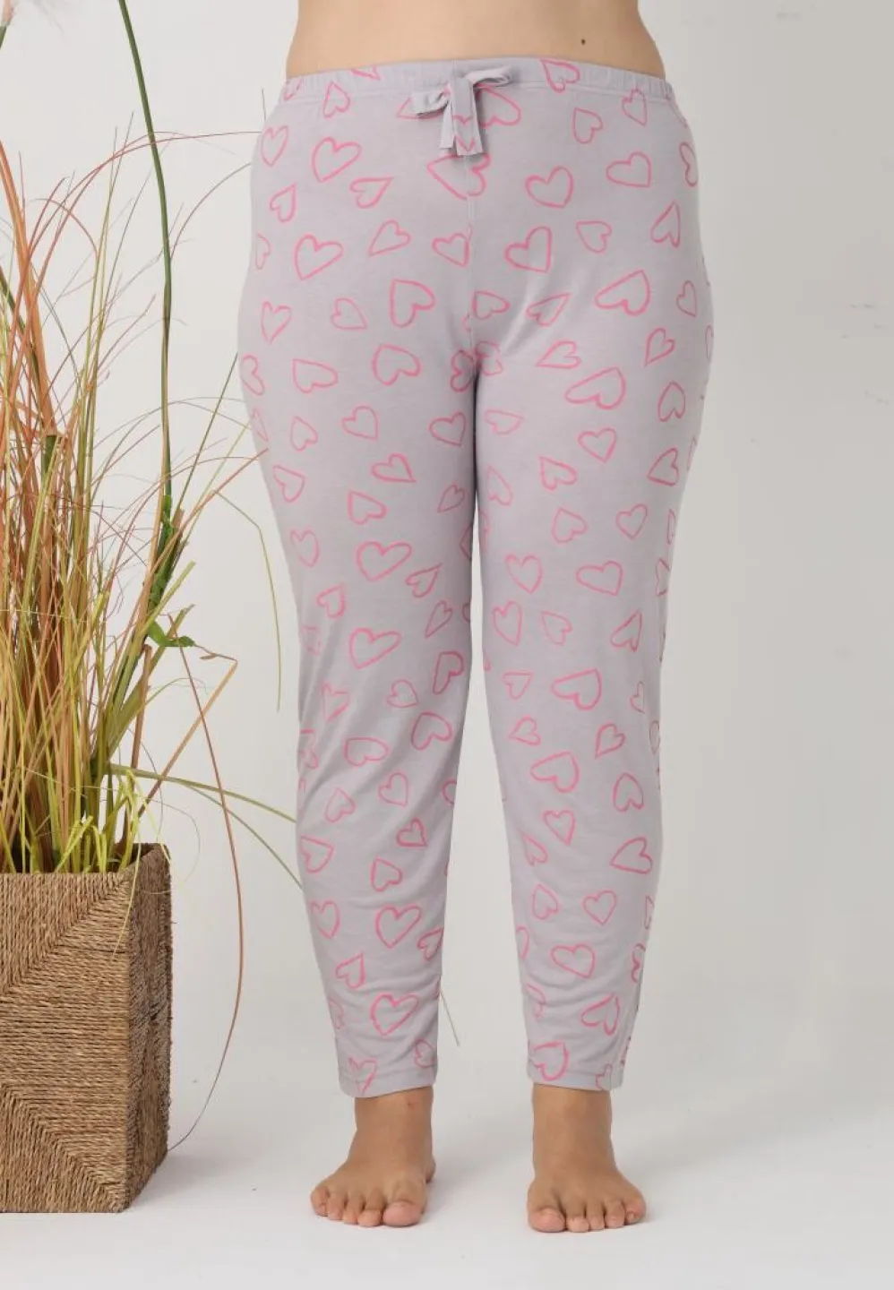 Pantalon damă Big Size, gri cu inimioare roz - 1