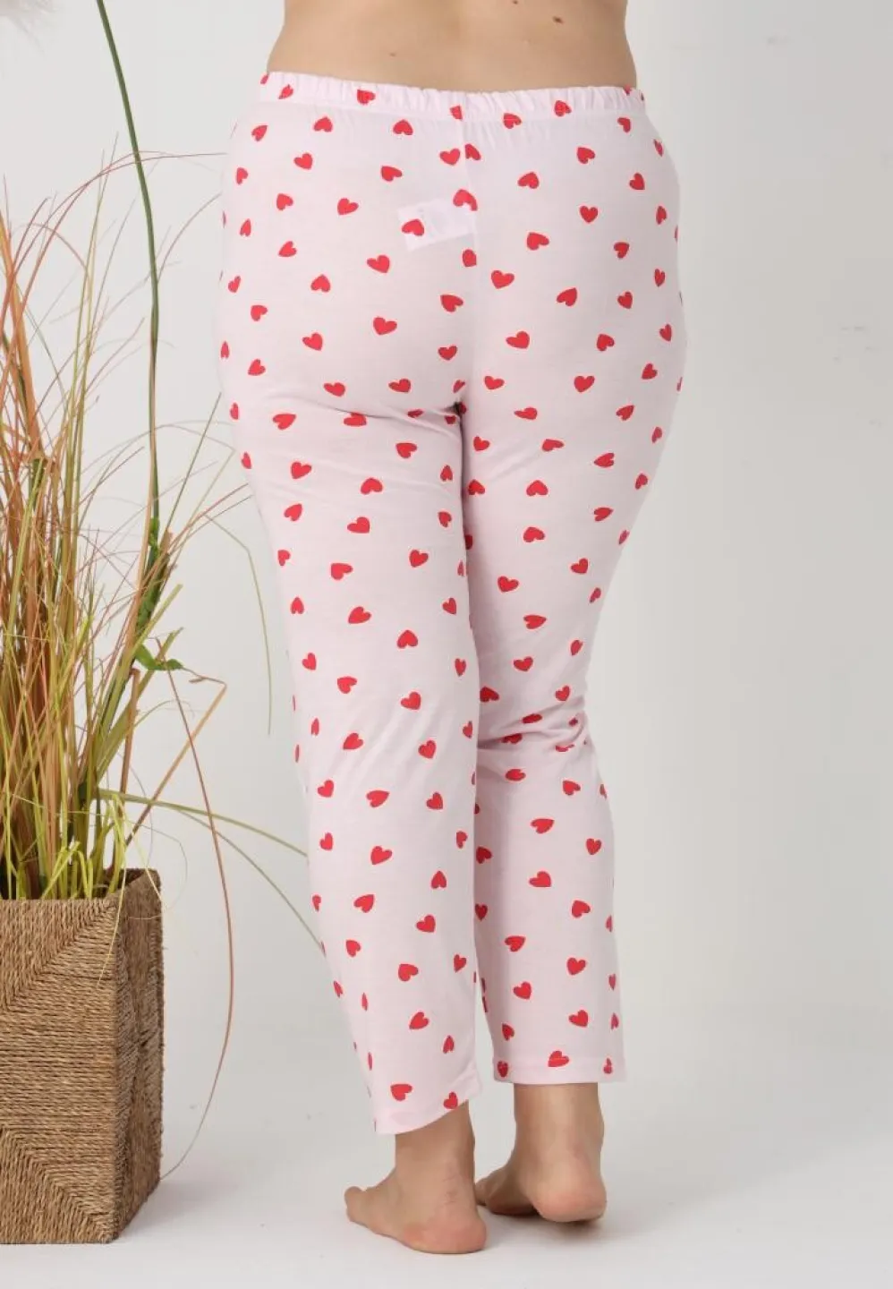 Pantaloni de pijama damă Big Size, roz cu inimioare roșii - 2